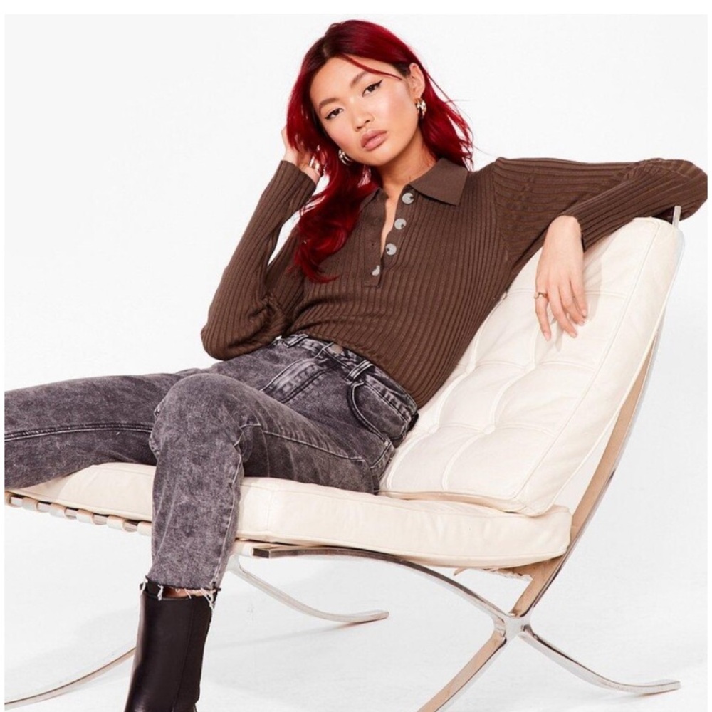 Nasty Gal ribbed knit fitted collar bodysuit